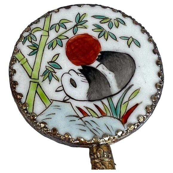 Vintage Handheld Mirror With Hand Painted Panda Design Jade Handle Ornate Trim - Picture 3 of 7